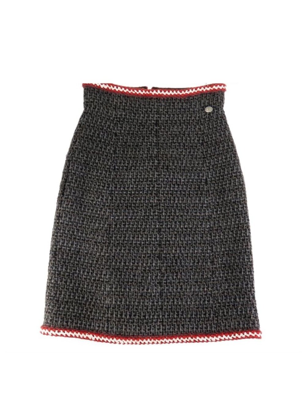 Chanel Tweed Skirt Coco Button Gray Red Acrylic Cotton 36